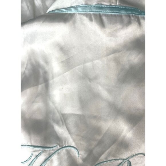 "The Bride" Linea Donatella Short White Satin Wrap Robe Blue Trim Sz Small - Picture 10 of 10